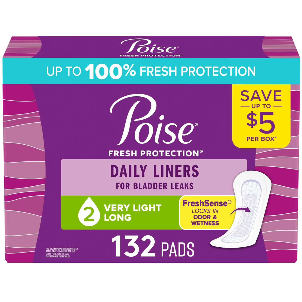 Poise Daily Incontinence Panty Liners, 2 Drop Very Light, 132 ct.