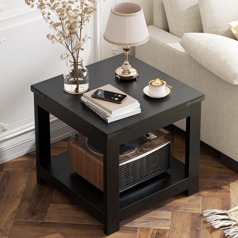 Black End Table, 20×20 Inch Square Side Table for Living Room, Large Wood Accent