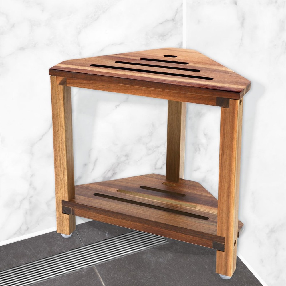 IBosins Corner Shower Stool with Storage Shelf 14 Inch, Natural Finish