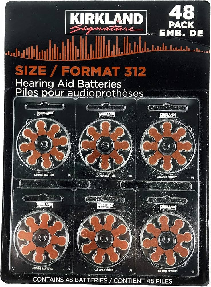 Kirkland Signature Hearing Aid Batteries, Zinc Air, Size 312 (Brown), 48-pack