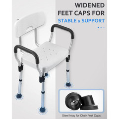 16 In. Heavy Duty Aluminum Shower Seat with Back, Arms and Adjustable Height for