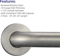 Grab Bar Bundle for ADA Compliance, Brushed Stainless Steel Grab Bar Set for …