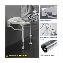 Folding Wall Mounted Shower Seat,Support 550lbs,Adjustable Height Fold Down S…