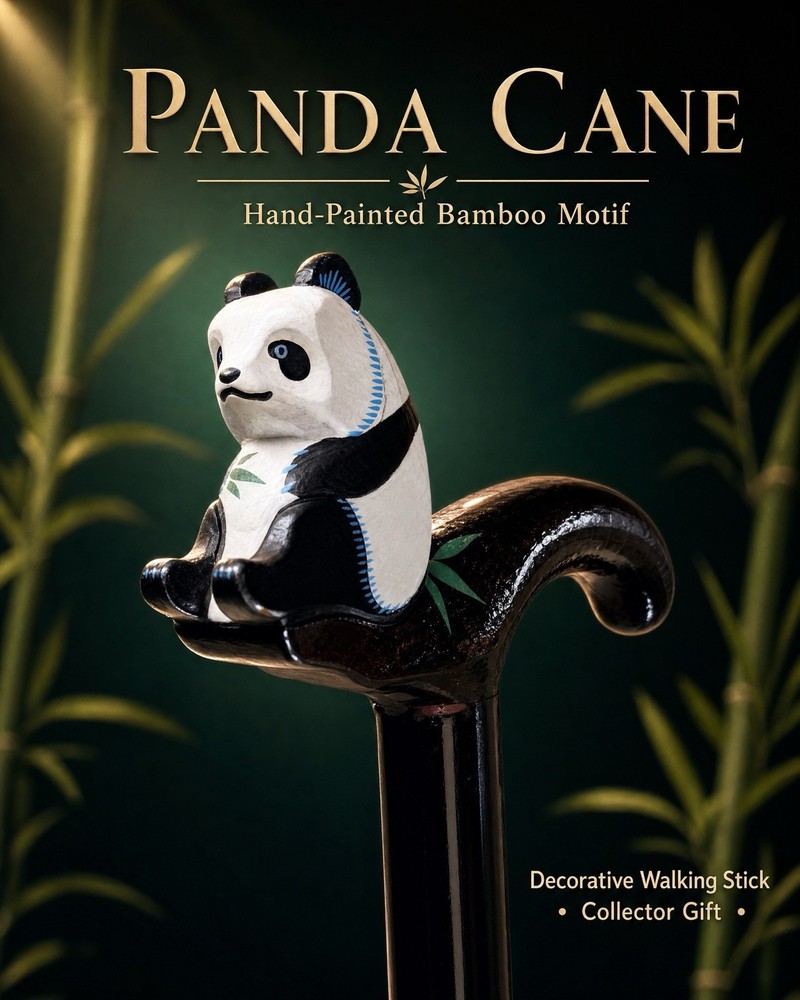 Decorative Panda Bear Walking Cane Hand Painted Bamboo Motif Brown Collector Stk