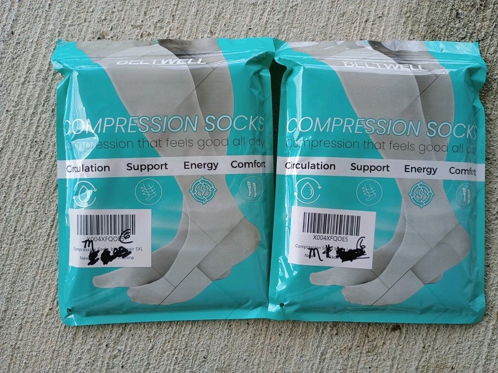 2 Pair Beltwell BLACK Compression Socks Size 5XL NEW 20-30 mmHg