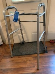 Walker Folding NEW 2-Button Adult Alum w/5″ Wheels 350 lb. Capacity w/Book