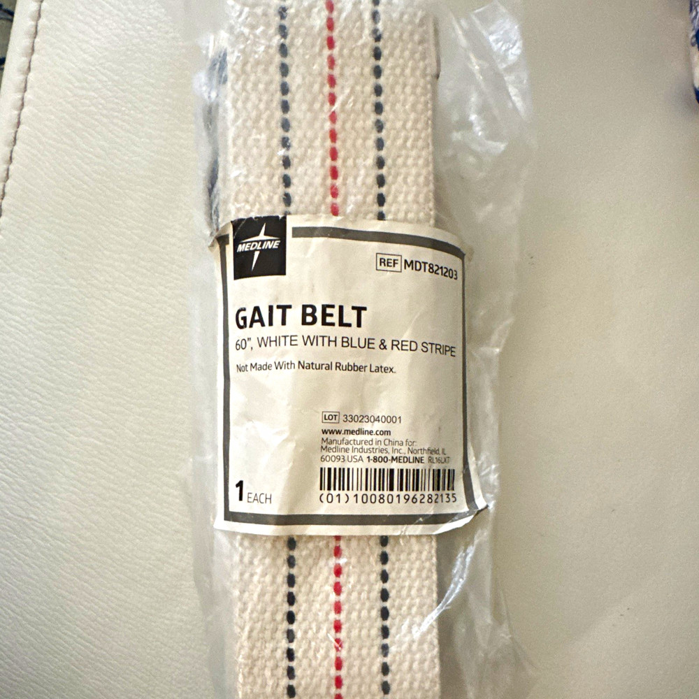 Medline Latex Free Gait Belt 60 in White Blue Red Stripe MDT821203