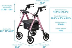 NOVA STAR 8 Rollator Walker w/Perfect Fit System Ltweight Folding- OPEN BOX PINK