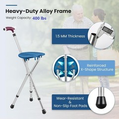 Folding Cane Seat Combo 400 lbs Capacity 1 Count (Pack of 1), Blue/Silver