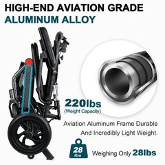 Only 16 lbs Ultra-Lightweight Foldable Transport Wheelchair, Dual handbrakes