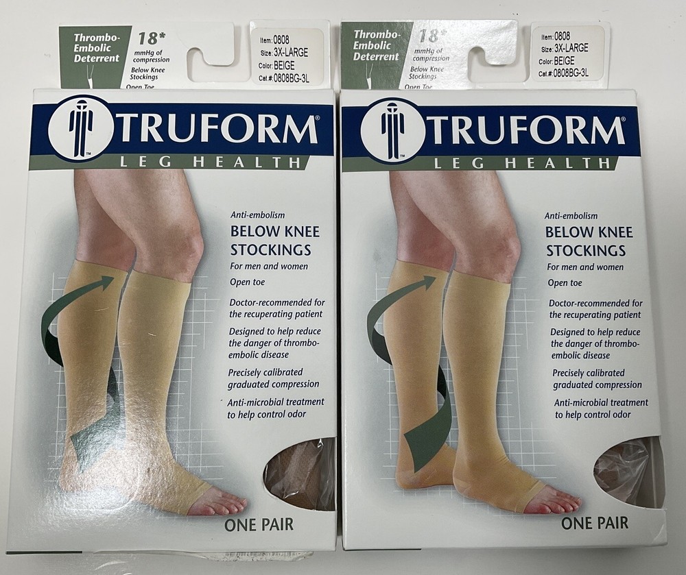 Lot 2 TruForm Thrombosis-Embolic Deterrent Below Knee Open Toe Socks Beige 3XL
