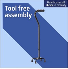 Quad Base Cane Adjustable Height 29-38 in Tool-Free Assembly, Black, 300 lb