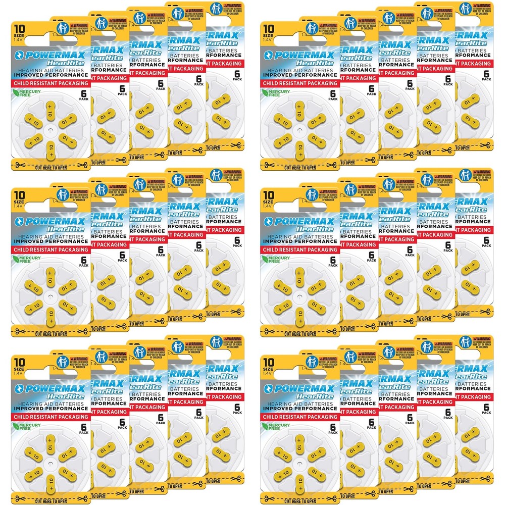 Powermax Size 10 Hearing Aid Batteries 180 Count Long-Lasting Battery Pack Yello