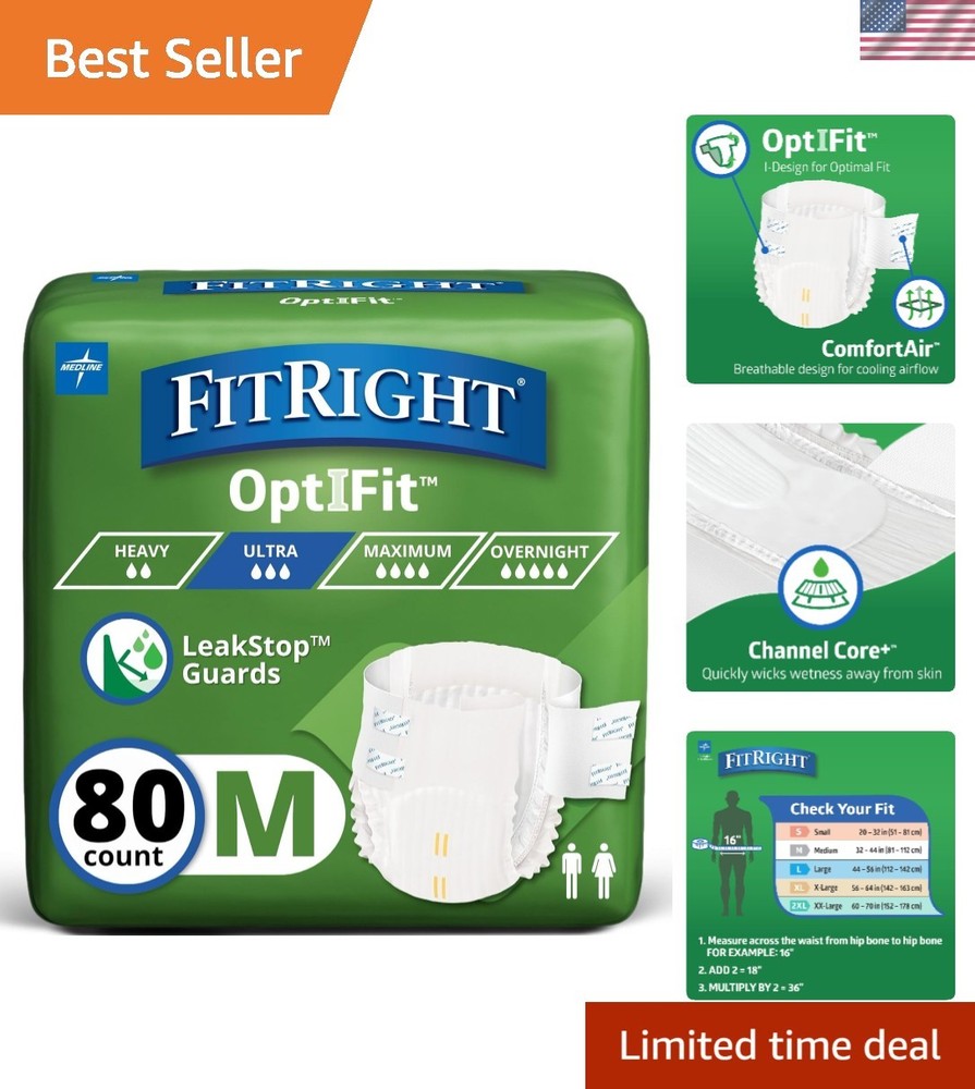OptiFit Medium Adult Diapers for Sensitive Skin, Waist Size 32-44, 80 Count