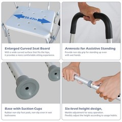 Adjustable Shower Chair for Seniors Arms Back Non-Slip Seat