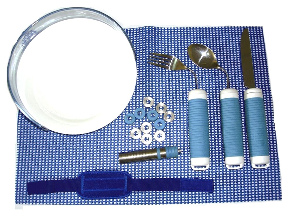 Daffo Green Adjustable Weighted Handle Eating Utensil Set with Plate & Food