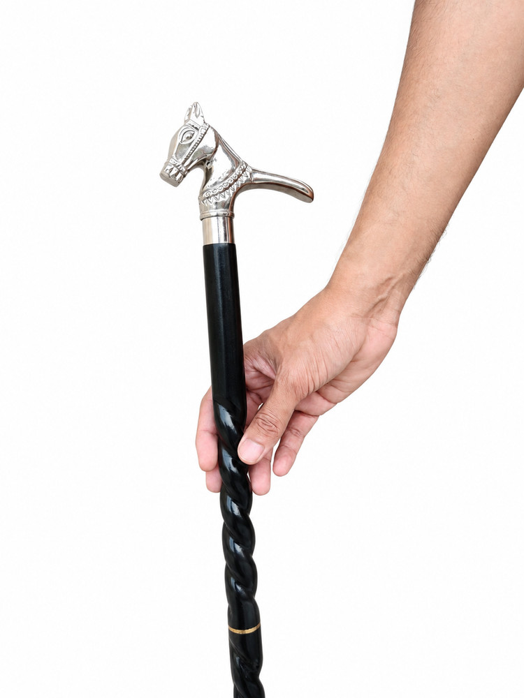 Decorative Horse Head Walking Cane Black Twisted Shaft Silver Handle Gentleman