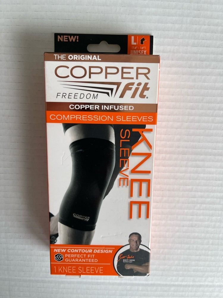 COPPER FIT sz large Compression Knee Sleeve UNISEX, 14″-16″, NEW Contour Design