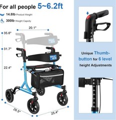 WALK MATE ROLLATOR Mobility Walker.. Seat & Backrest Cup Holder 8”Wheels Bag