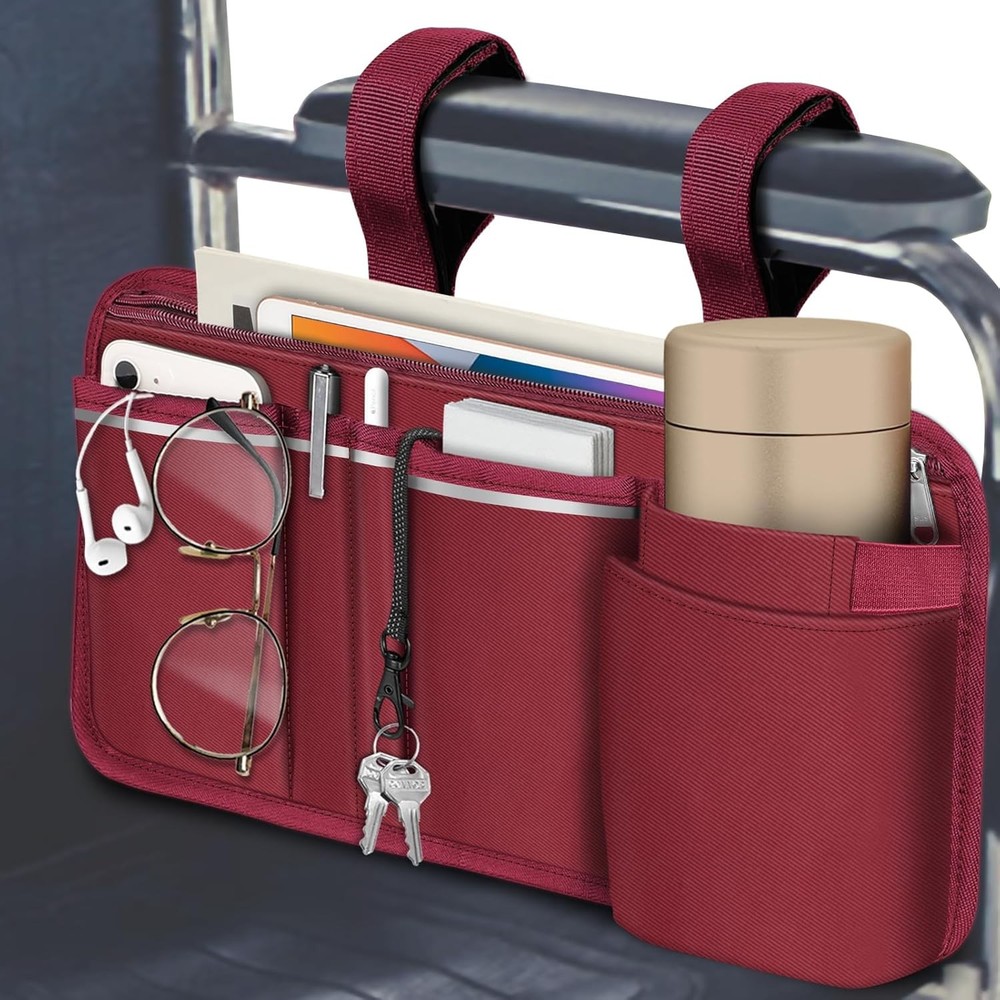 FINPAC Wheelchair Side Storage Bag w/Cup Holder, Armrest Burgundy
