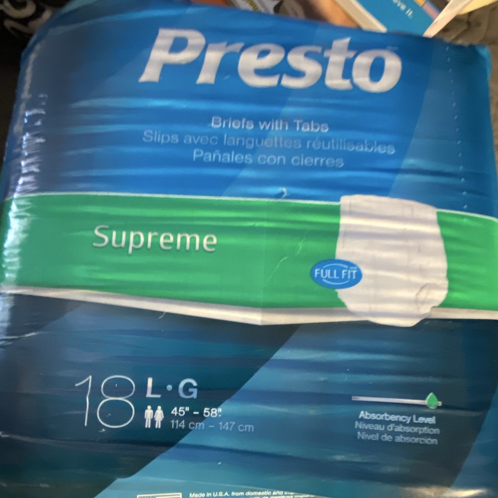 Presto Supreme Incontinence Briefs w/ Tabs, Disposable, Size L, White, 18 ct