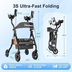 Heavy Duty Upright Rollator Walker 450lb Seat 8in Wheels Black