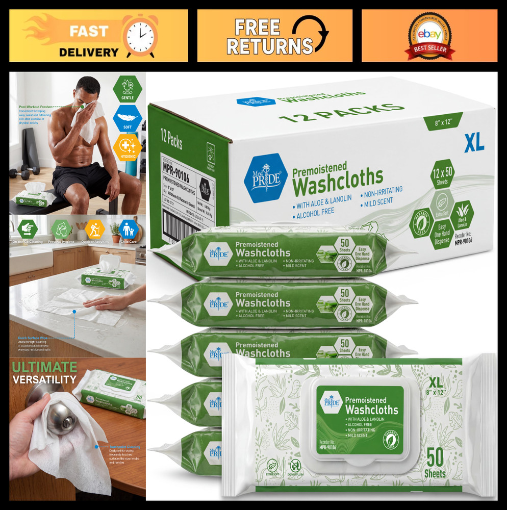 600 Count Premoistened Disposable Wet Washcloths 8×12 for Adults – Aloe, Lanolin