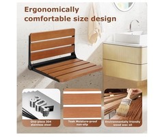 Flngr 16in Wall Mounted Folding Shower Seat Teak Wood 400lb Capacity Bench