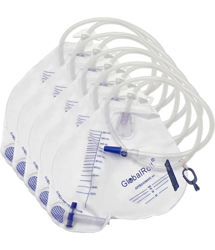 5 X GlobalRoll Urinary Drainage Bag Anti-Reflux Chamber, Urine Bag 2000 mL