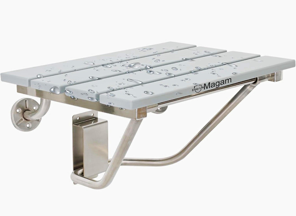 Wall-Mounted Foldable Shower Seat, Single Fold, Stainless Steel White