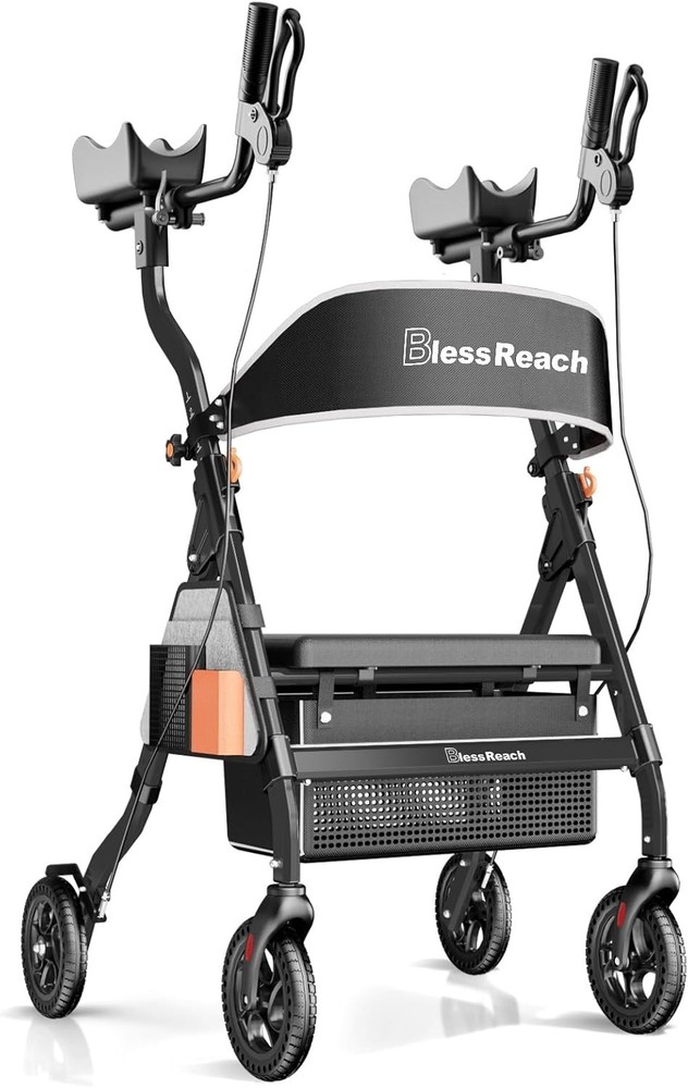 Heavy Duty Upright Rollator Walker 450lb Seat 8in Wheels Black
