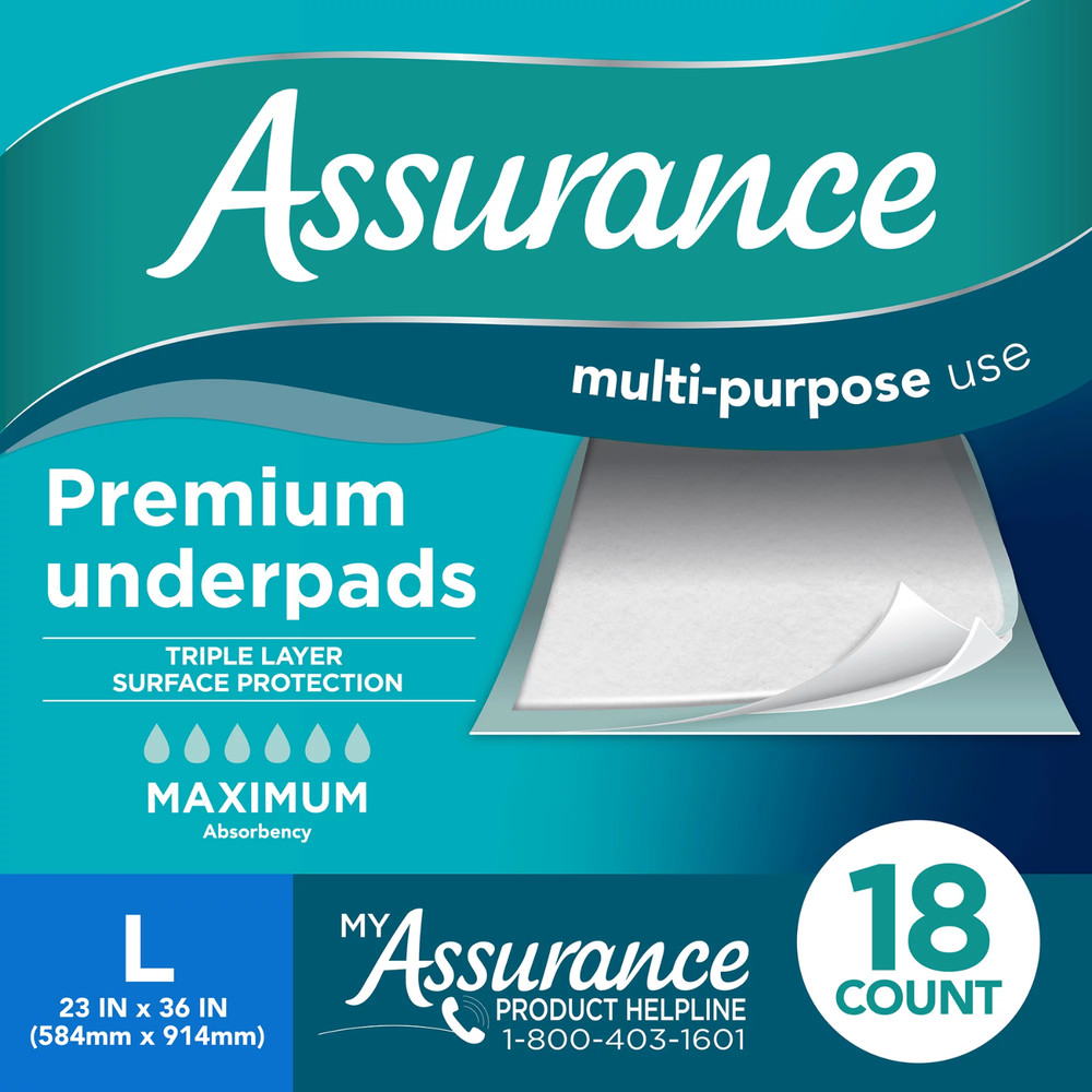 Assurance Unisex Premium Quilted Underpad, Maximum Absorbency, L (18 Count)