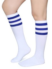 Triple Stripes Soft Cotton Knee High Tube Socks for Men One Size Blue/White