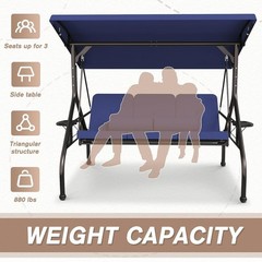 3 Seat Outdoor Porch Swing Bench, Adjustable Canopy Swing Chair, Convertible
