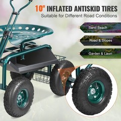 360° Swivel Seat & Steering Handle & Tool Tray & Wheels 36x18x32in Green