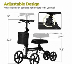 Zenart Foldable Knee Walker Scooter 4-Wheel Manual Black Adjustable Handles