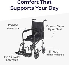 Lightweight Folding Transport Wheelchair Steel Frame With Swing Away Footrests
