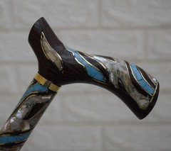 Handcrafted Egyptian Stick, Turquoise & Mother of Pearl Inlaid Wood Walking Cane