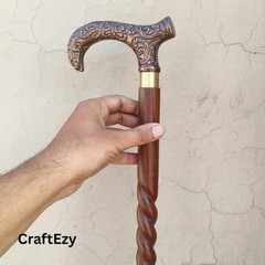 Wooden Walking Stick Brass Derby Floral Handle Cane Handmade Spiral Shaft 36″
