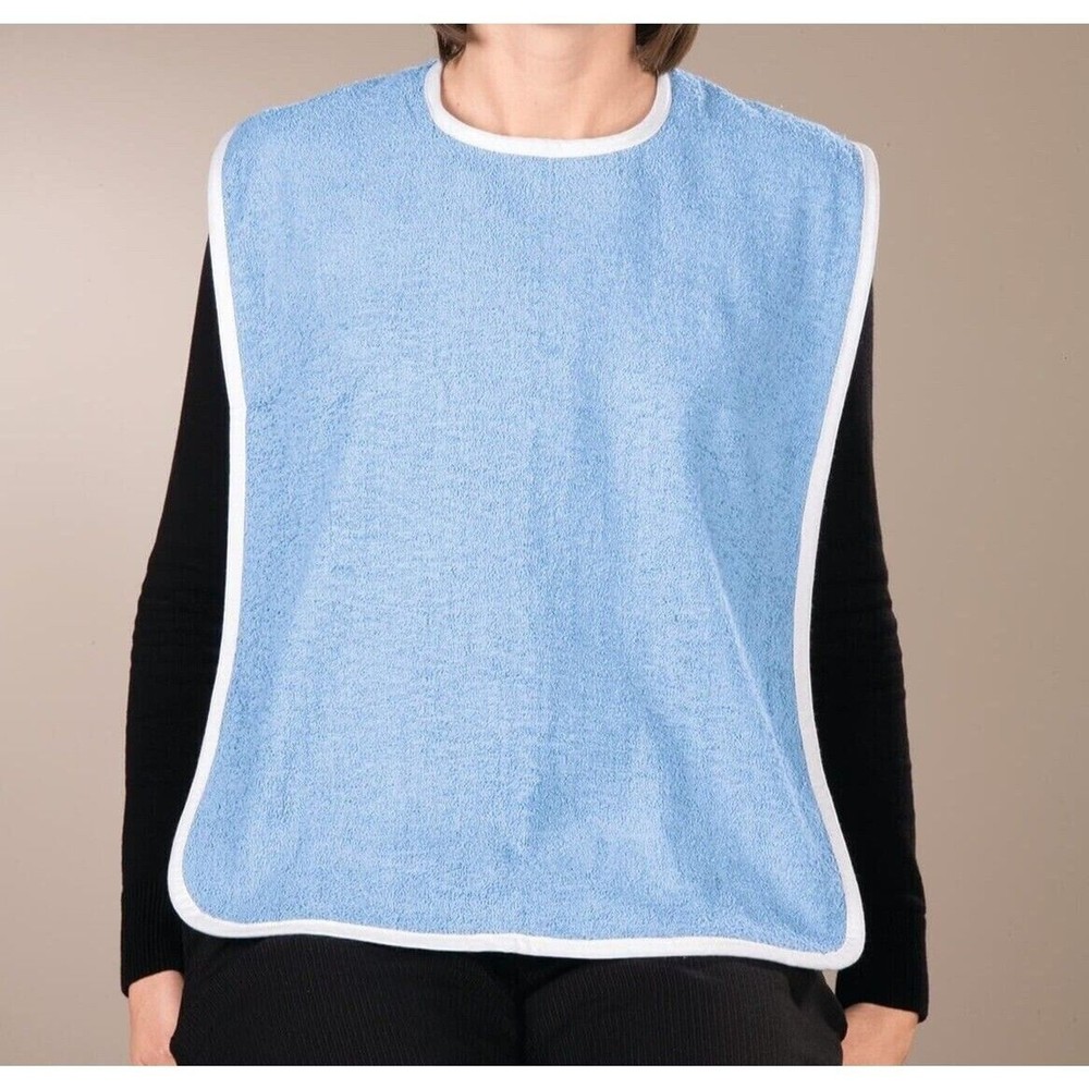 Adult Bib Blue White Terry Cotton Nylon Hook and Loop Closure 30 x 18-In NEW