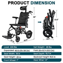 Only 16 lbs Ultra-Lightweight Foldable Transport Wheelchair, Dual handbrakes
