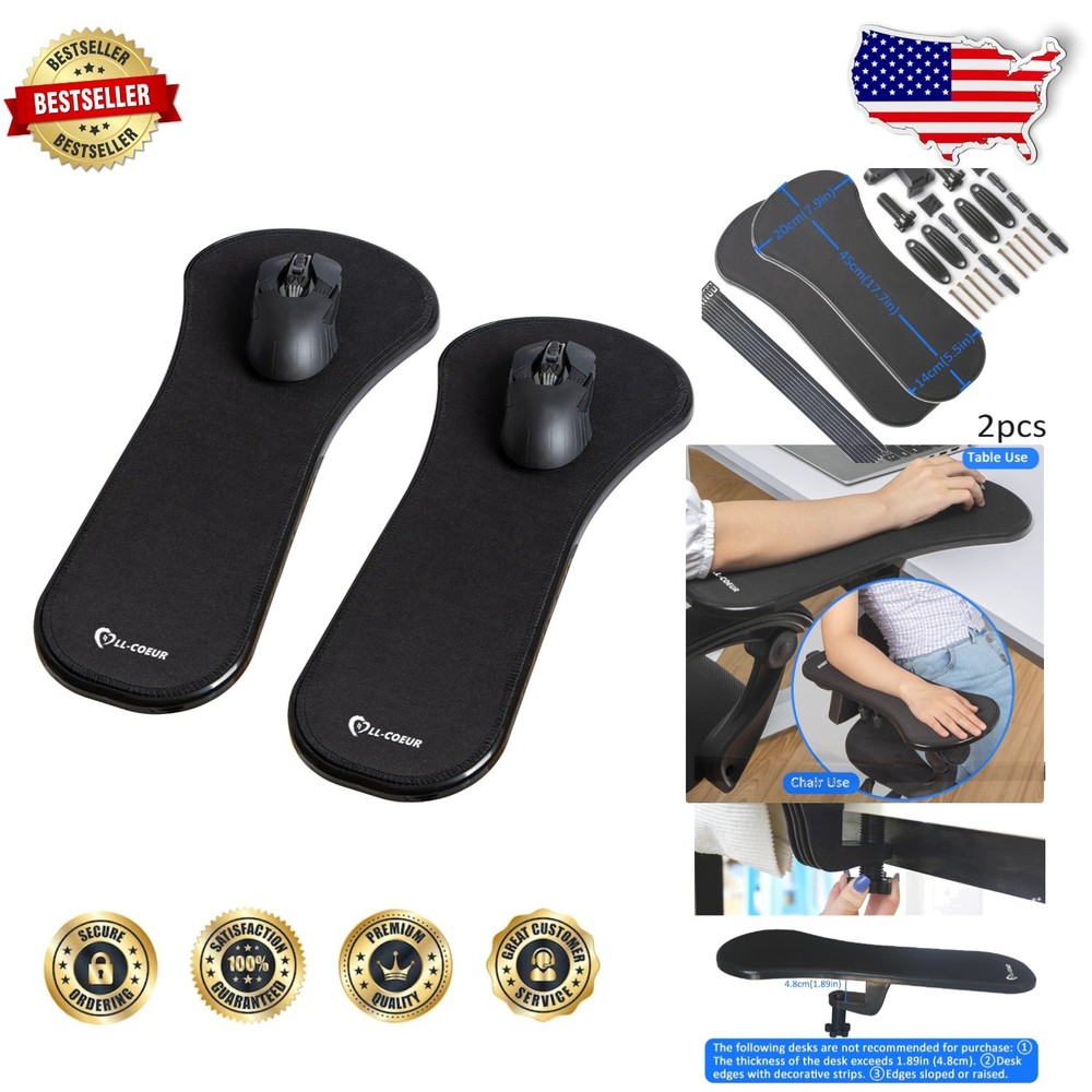 Deluxe 2pc Black Armrest Extender, Ergonomic Wrist Support Desk/Chair Mount