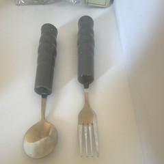 Ergonomic Grip Spoon and Fork Set Gray Plastic Stainless Steel Handles