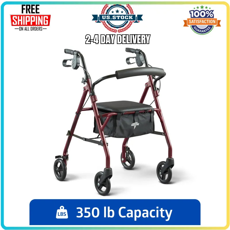 Medline Steel Rollator Walker with Seat, Foldable, Burgundy