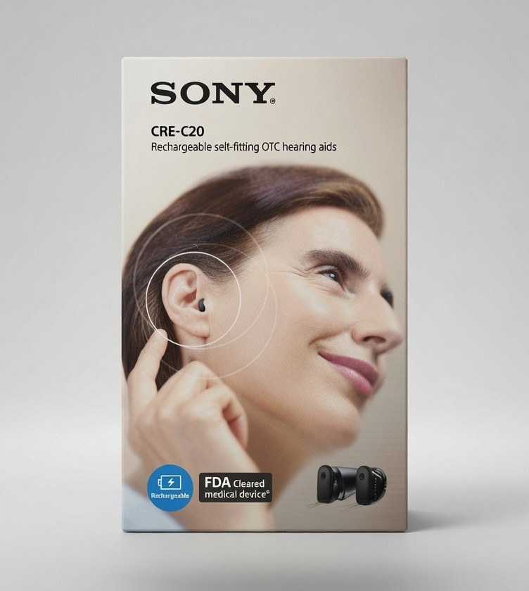 Sony CRE-C20 Self-Fitting OTC ITC Rechargeable Hearing Aids Black w/ Case
