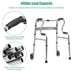 Heavy-Duty Folding 3 in 1 Stand-Assist Walker Aluminum Alloy W/ Wheel Gray