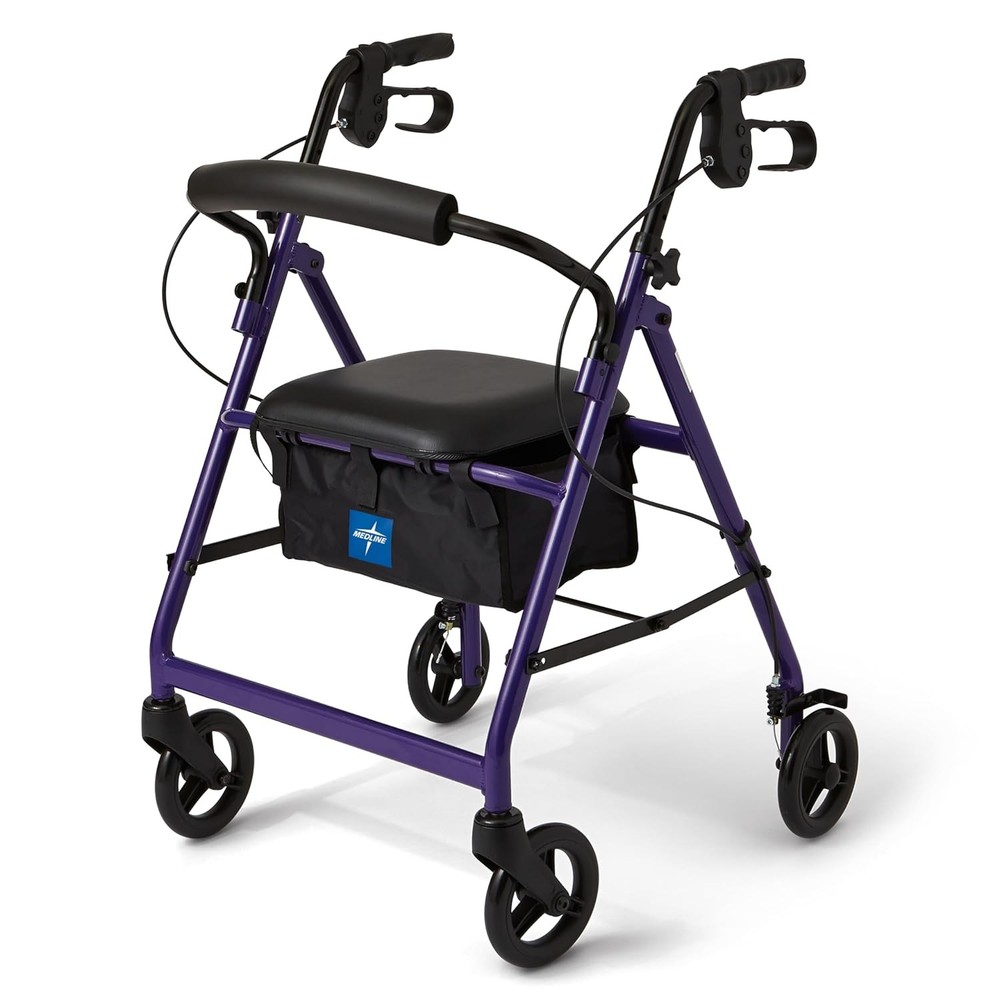 Medline Aluminum Rollator Walker with Seat, Purple, 250 lb. Weight Capacity, Lig