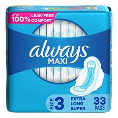Always Maxi Feminine Pads With Wings Size 3 Extra Long, Absorbency, 33 Ct.