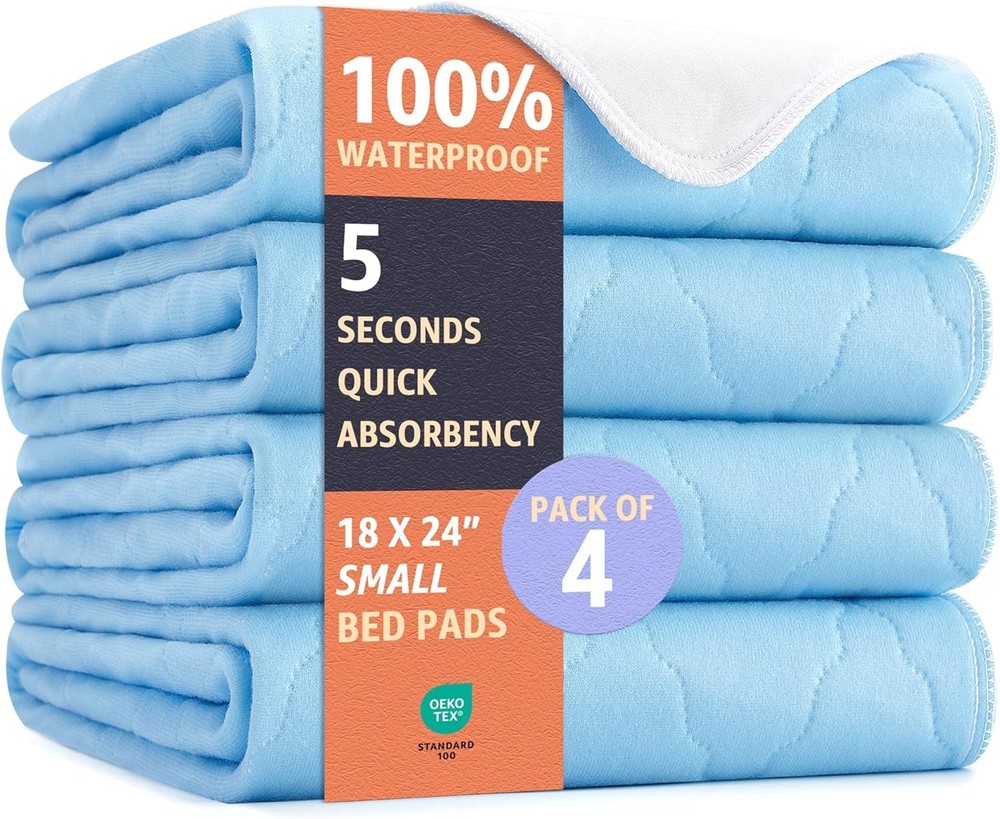 4 Pack Washable Underpads 18″ X 24″ Waterproof Reusable Heavy Absorb Bed Pads