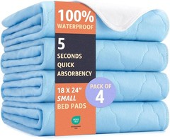 4 Pack Washable Underpads 18″ X 24″ Waterproof Reusable Heavy Absorb Bed Pads